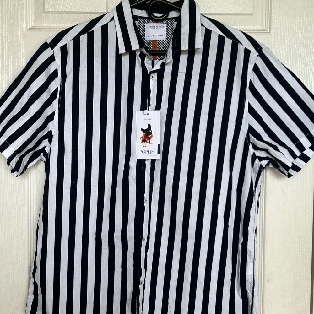 Men's Black and White Striped Casual Button Down Shirt